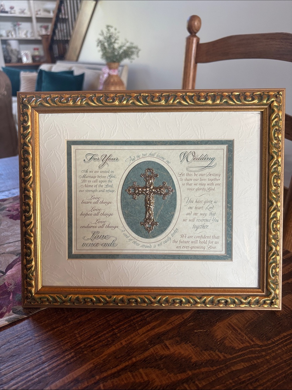 Vintage Gold Framed Cross Art with Teal Accent